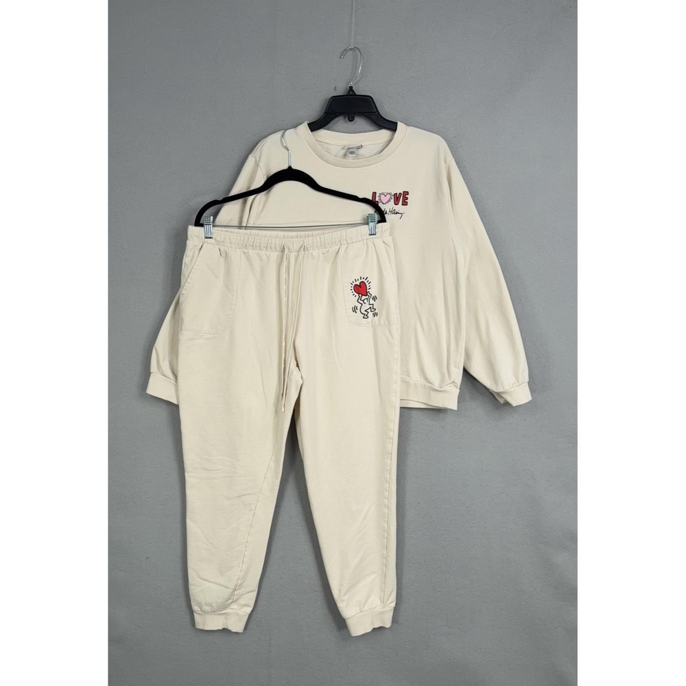 Keith Haring Sweatsuit Womens XL White Fleece Heart Graphic Sweatshirt Joggers
